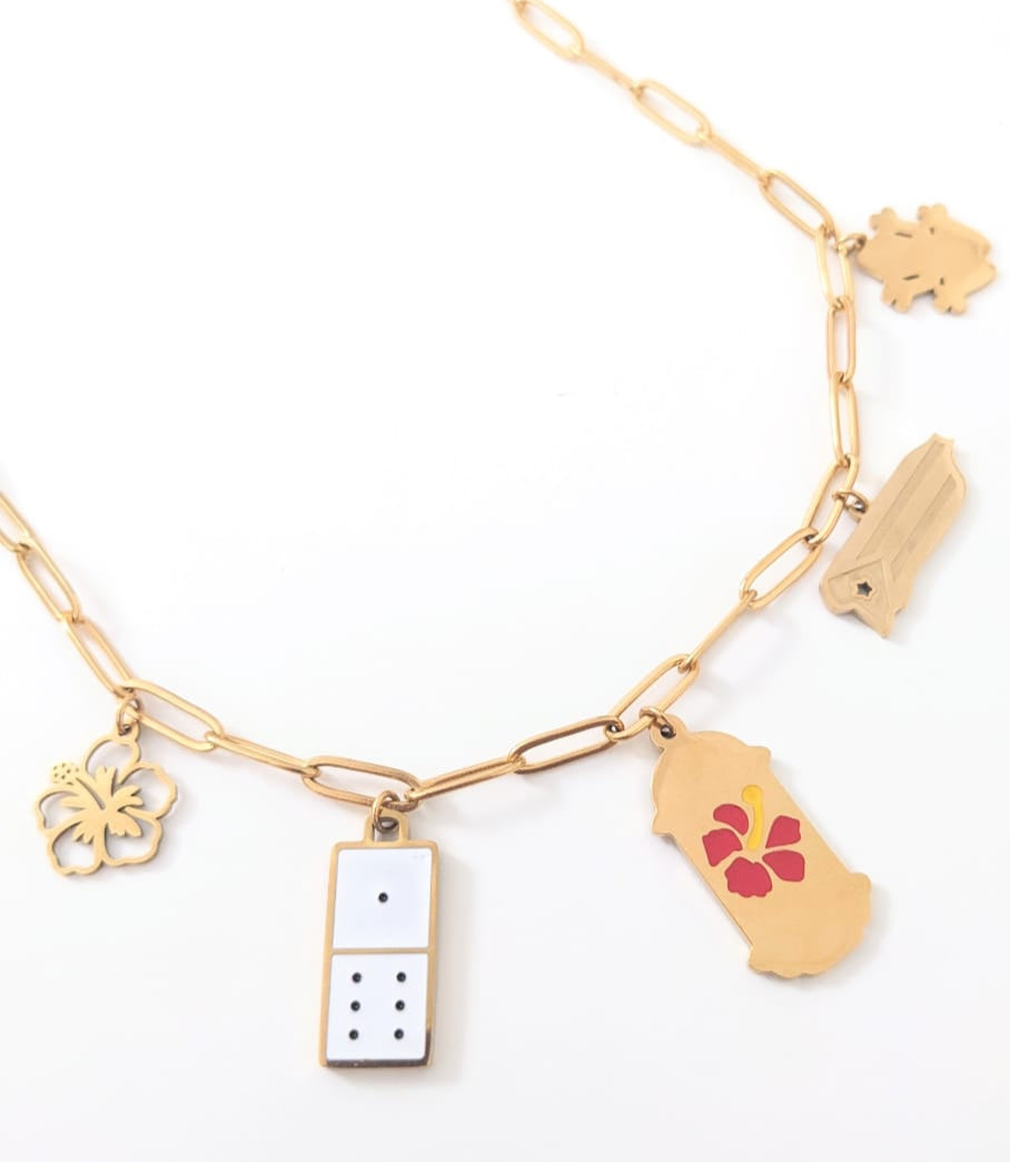 Stainless Steel necklace with various charms on a white background